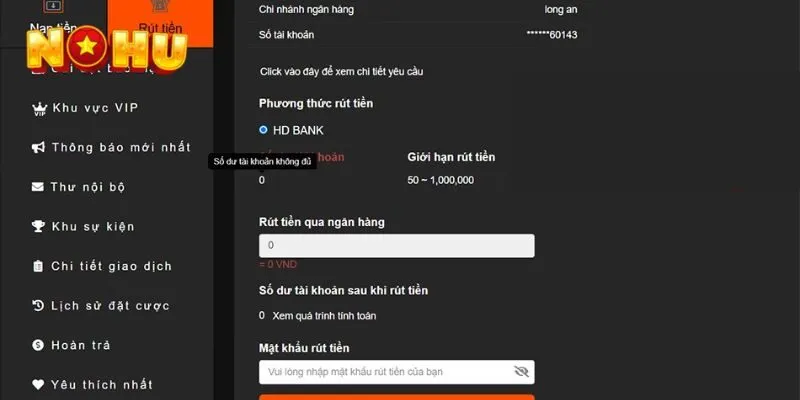 Biểu mẫu rút tiền từ nhà cái NOHU